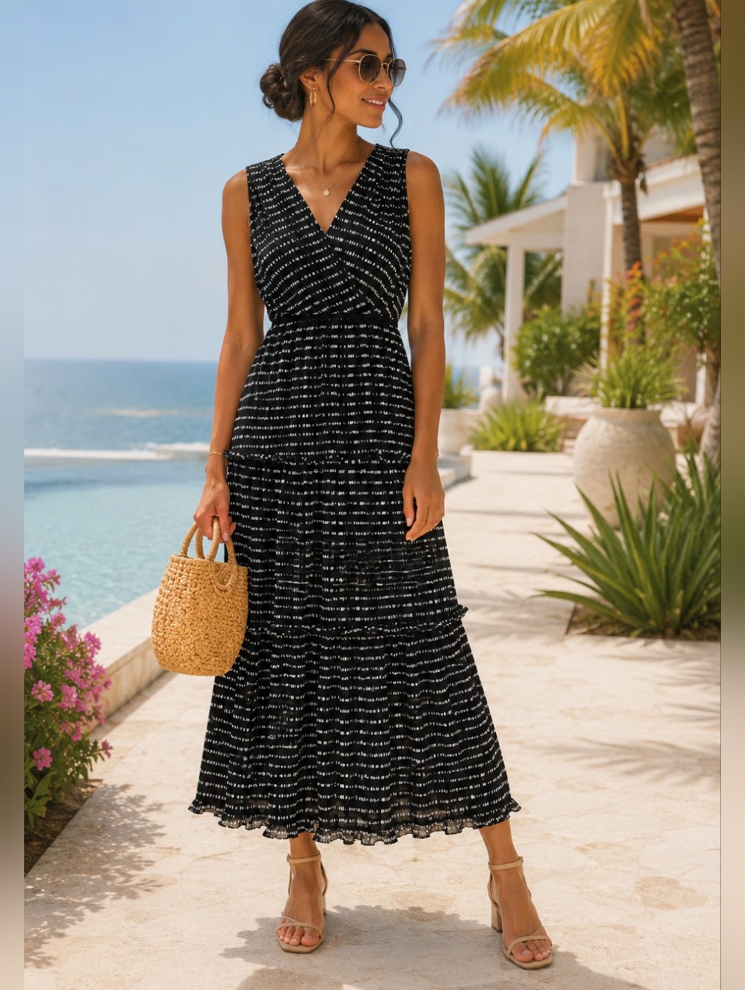 Lulus Do-Si-Do Pleated Tiered Midi Dress | Black Polka Dot Sleeveless | Size S